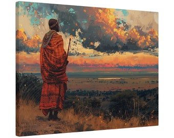 ケニアのキャンバス壁アートマサイマラの風景、詳細な油絵、伝統的な