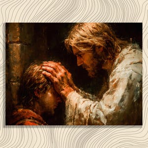 May include: An oil painting depicts a man with long hair and a beard, dressed in white, placing his hands on the head of another man. The second man is wearing a red garment and has his head bowed. The background is dark.