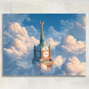May include: A digital illustration of a tall clock tower rising above dense, fluffy clouds under a bright blue sky. The tower features a golden crescent moon finial at the peak, multiple clock faces with Roman numerals, and intricate architectural details.