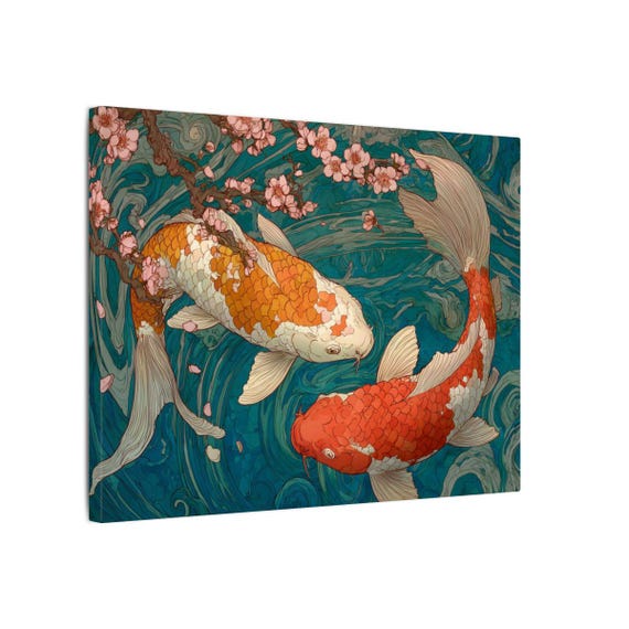 鯉の日本画キャンバスウォールアート – 青緑色の水に桜のプリント