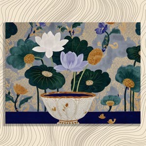 Lotus still life canvas wall art - Blue gold chinoiserie lotus flower art porcelain bowl asian wall decor botanical canvas print classic