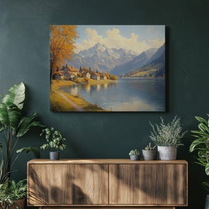 Serene Austria Canvas Wall Art – Austrian Alps Lake Painting with Autumn Mountain Village Landscape – Country Farmhouse Nature Decor