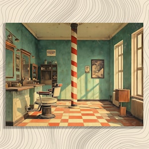 Vintage Barbershop Canvas Wall Art – Retro Barber Print Decor Gift for Collectors and Designers Unique Checkered Floor Painting
