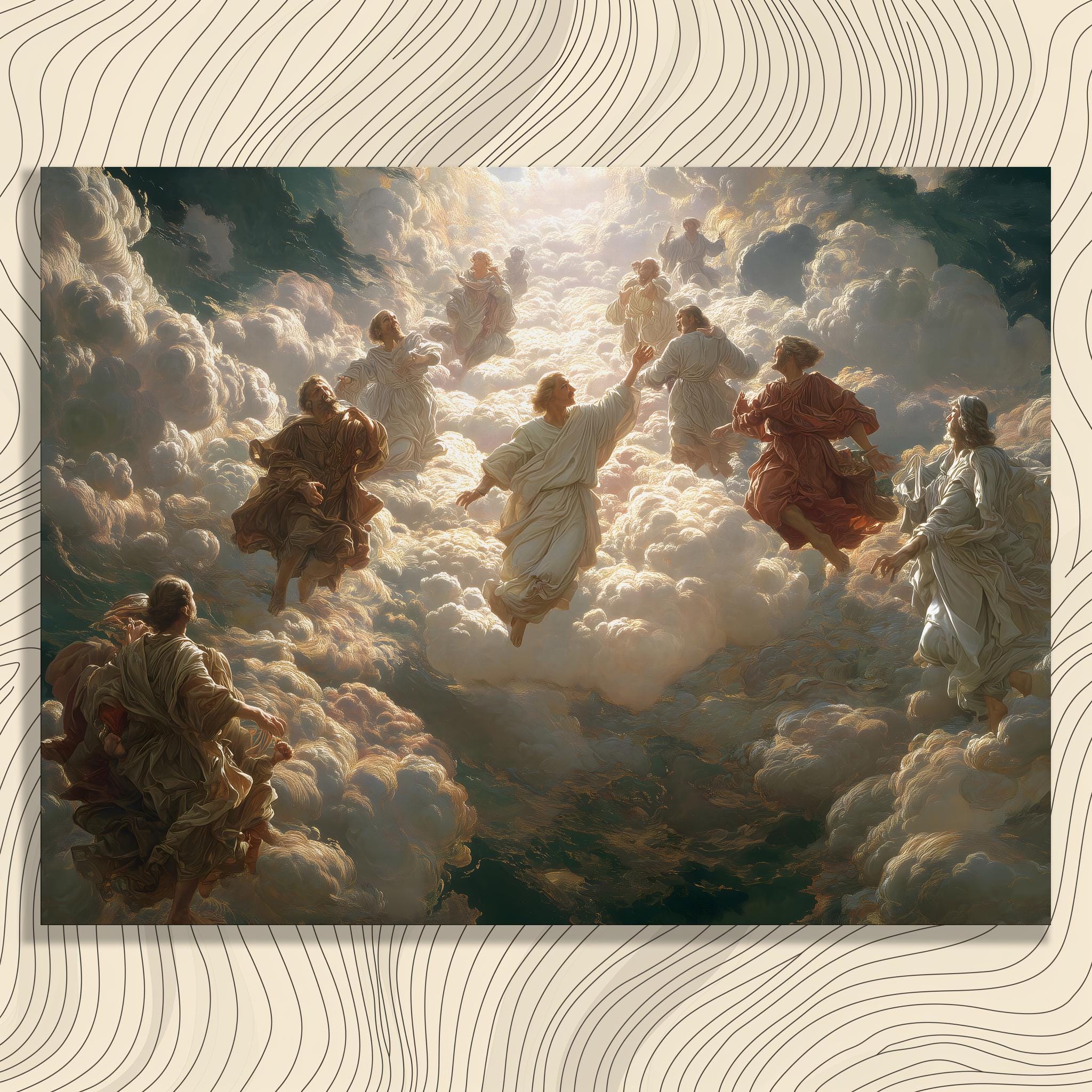 イエス・キリスト昇天キャンバスウォールアート – 神聖な光聖書絵画