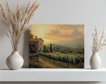 Könnte beinhalten: Leinwanddruck einer toskanischen Landschaft mit einem Steinhaus, einem roten Ziegeldach, einem Weinberg und sanften Hügeln unter einem Sonnenuntergang. Das Kunstwerk steht auf einem weißen Regal, flankiert von Vasen mit getrocknetem Ziergras.