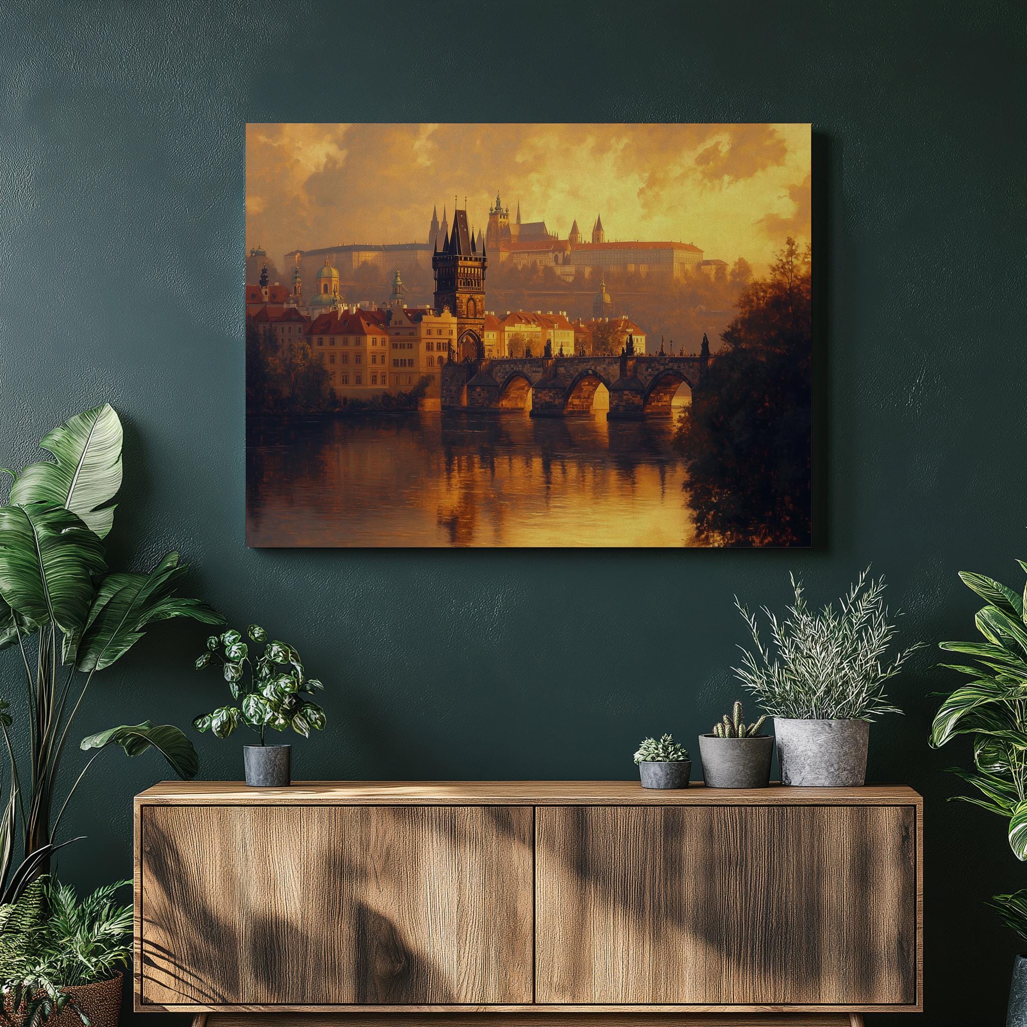 Prague Charles Bridge Canvas Wall Art Sunset Painting River Cityscape Architecture Travel Wall Art Historical Art Landscape Painting