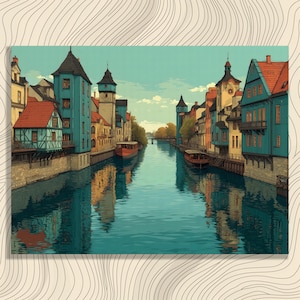 Colorful Historic Canal Canvas Wall Art - Vintage Canal Print Water Reflection Impressionist Landscape Painting Coastal Decor Home Decor