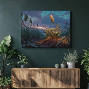 Golden Wheat Stalk Canvas Wall Art – Wheat Field Art Sunset Painting Landscape Decor Rustic Farmhouse Nature Print Dramatic Dusk Sky