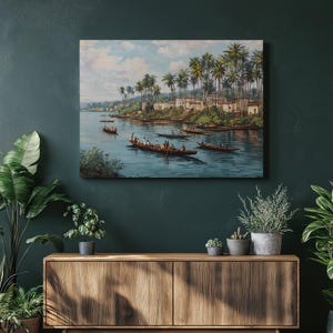 Tropical River Boats Canvas Wall Art – palm trees coastal landscape boat painting nautical wall decor tropical artwork river scene print