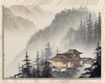日本の墨絵山水画 - 禅の風景画ウォールアート - 赤い太陽の墨絵
