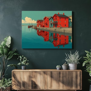 Scandinavian boathouses canvas wall art – seaside harbor reflection digital illustration retro nautical nordic architecture waterfront