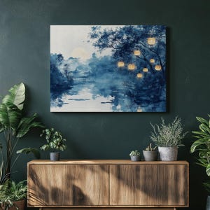 Moonlight and Lanterns Tranquil Art Canvas, Night Scene Painting with Water Reflection Art, Sumi Ink Painting High Resolution Wall Decor