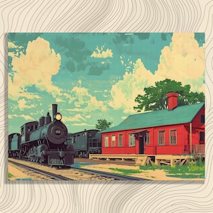 Vintage Train Canvas Wall Art – Steam Locomotive Painting Print for Collectors and Travel Enthusiasts Rustic Railway Home Decor Gift