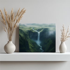 Iceland Waterfall Canvas Wall Art | Serene Landscape Print with Lush Green Cliffs and Misty River | Modern Contemporary Nature Decor