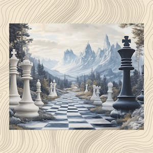 Fantasy Chess Pieces Canvas Wall Art, Giant chess landscapes and black white theme artwork, surreal home decor, unique gift idea, Office Art