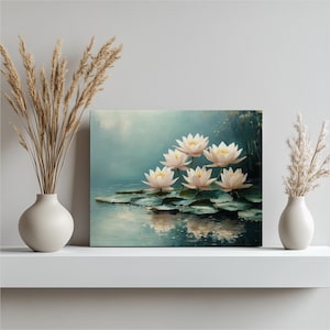 Monets Lilies Canvas Wall Art, Water Lilies Painting Home Decor, Tranquil Landscape Art, Pond Reflections, Serene Nature Artwork, Vibrant