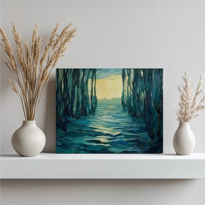 Kelpbos canvas muurkunst | Serene oceaanlandschapsschildering voor woonkamer, slaapkamer, kantoorinrichting | Abstracte blauwgroene natuurprint