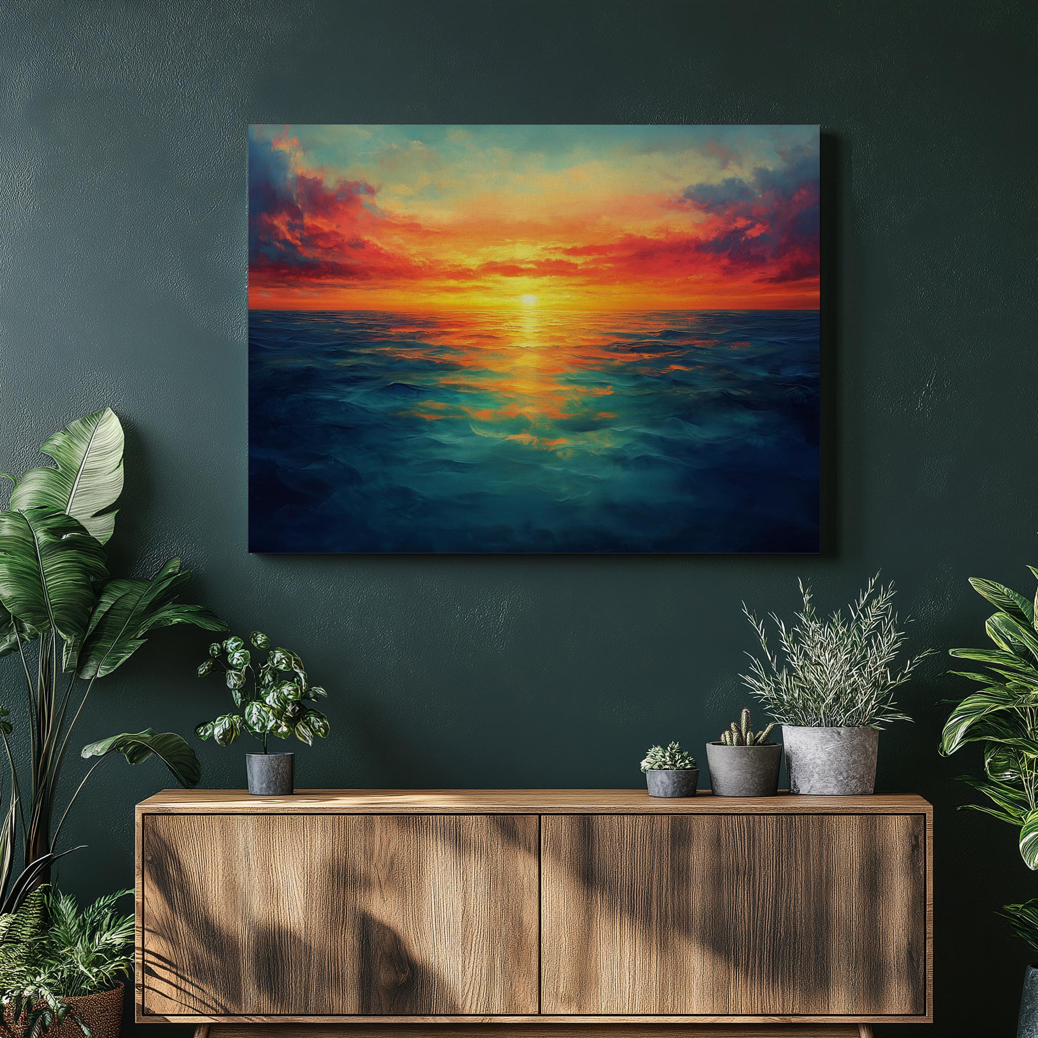 夕焼けの絵画、海のアート、水彩画の夕焼け、海岸の壁画、海景、ビーチ