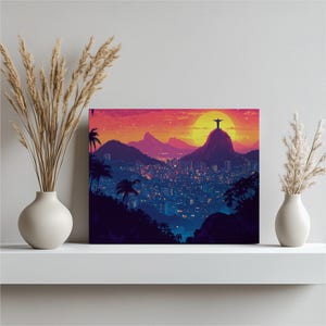 Lienzo decorativo de Río de Janeiro: colorido paisaje urbano del Cristo Redentor al atardecer con montañas y palmeras - Decoración tropical para el hogar