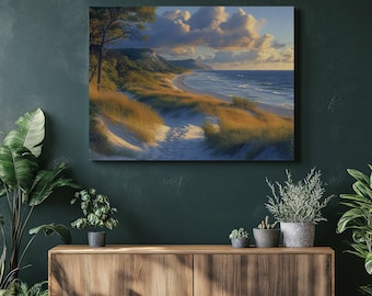 May include: A landscape painting depicts a coastal scene with a sandy path leading to the ocean. The artwork features golden grasses, a blue sea, and a cloudy sky, creating a serene and naturalistic view.