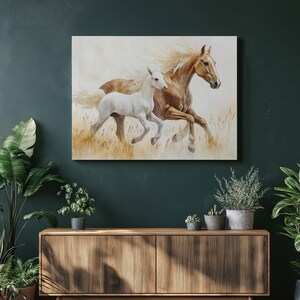 Horse Canvas Wall Art, Elegant Equine Decor, Horse Lovers Gift, Brown White Galloping Horses, Field Art, Running Horses Wall Decor, Country
