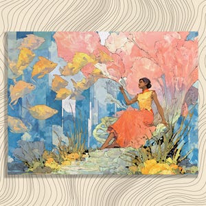 Arte de parede em tela de mulher subaquática - Pintura colorida de peixes corais, impressão de cena oceânica, decoração tropical costeira, presente, praia, paisagem marinha, tranquilidade do mar