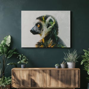 Llemur Canvas Wall Art Print – Ring Tailed Lemur Painting in Rainforest Landscape for Jungle Home Decor, Nature Gift, Tropical Boho Art