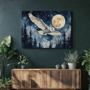 Snowy owl canvas wall art, beautiful moonlit owl flying over forest beautiful watercolor night scenery, Perfect for Entrance and Living Room
