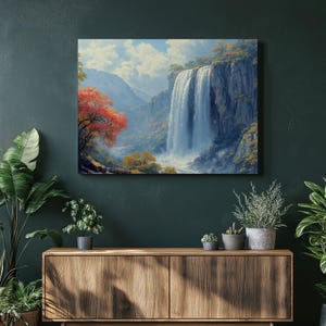 Cascading Waterfall Wall Art Canvas - Vibrant Autumn Landscape Painting with Mountains, River Nature Scene for Home Decor Print