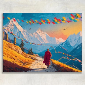 May include: An artistic landscape print depicts a monk in a red robe walking on a path towards snow-capped mountains. Colorful prayer flags hang in the sky. The artwork features a vibrant color palette of blues, oranges, and yellows.