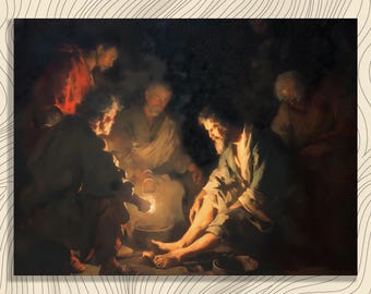 May include: A framed print of a painting depicting a group of men gathered around a lantern in a dimly lit setting. The artwork features figures in robes, with warm tones from the lantern's light contrasting with the darker background. The painting evokes a sense of contemplation.