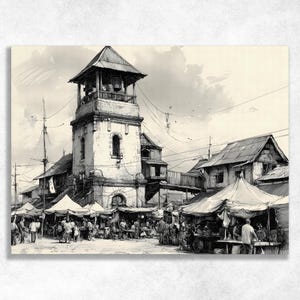 May include: Black and white illustration of a bustling marketplace with a prominent bell tower. The artwork depicts a historic town square with vendors, tents, and people. The style is reminiscent of a vintage sketch.