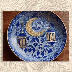 Cuadro de pared islámico con luna creciente - Lámina con estampado de linterna azul y dorada para Ramadán - Regalo de Eid - Decoración tradicional árabe para el hogar - Patrón floral
