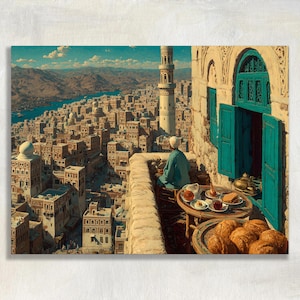 Yemen canvas wall art showing Sanaa cityscape, tower houses, minaret, and mountain view.