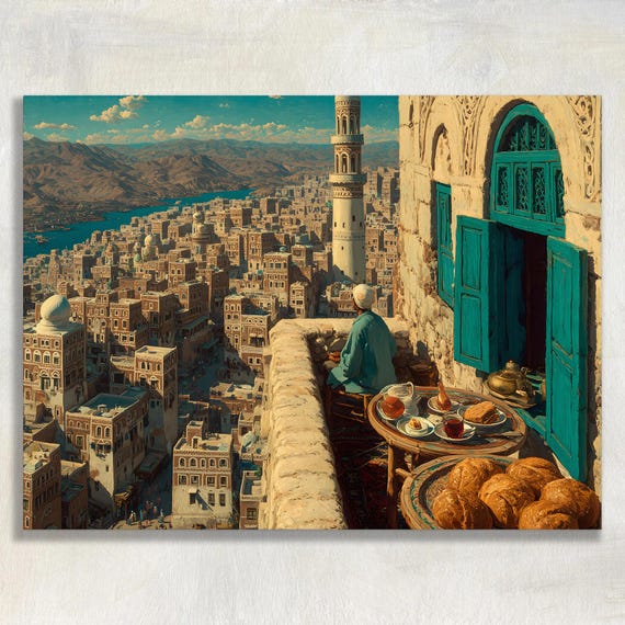 Yemen Sanaa Cityscape Canvas Wall Art, Arabian Architecture Oil Painting, Qahwa Tea Balcony, Mountain View Heritage Decor Print