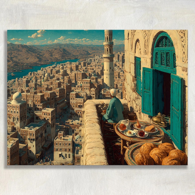 Yemen canvas wall art showing Sanaa cityscape, tower houses, minaret, and mountain view.