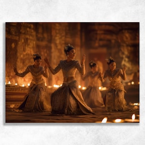 May include: Four women in traditional gold and beige costumes perform a dance in a candlelit room. The dancers have their arms raised, and their faces are serene. The scene is warm and inviting, with soft lighting and a sense of grace.