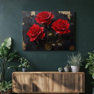 Elegant Red Roses Canvas Wall Art Painting – Textured Black Gold Floral Print Decor – Perfect Botanical Gift for Home, Living Room