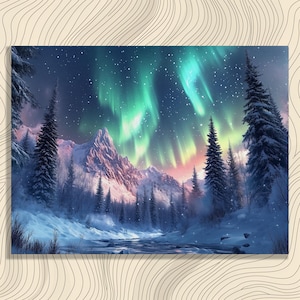 Noorderlicht bergen canvas kunst aan de muur, sneeuwlandschapsschilderkunst, winternacht decor, aurora borealis print, besneeuwde bomen artwork, berg