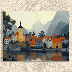 Serene Village Lake Canvas Wall Art – Vintage Village Landscape Print Mountains Nature Reflection Poster Rustic Lakeside Scenery Decor