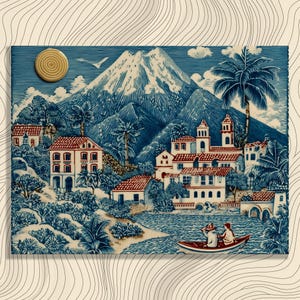 May include: A rectangular wall art piece featuring a blue and white landscape illustration of a mountain, palm trees, and buildings with red roofs. A small boat with two figures floats on the water. A circular gold textured knob is in the top left.
