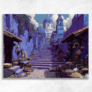 Puede incluir: Una vibrante impresión de arte digital de un paisaje urbano europeo. La imagen presenta una larga escalera que conduce a un edificio con cúpula. Los edificios están pintados en tonos de azul y morado, con puestos que bordean la calle.