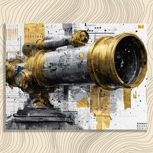 Telescope canvas wall art – vintage brass astronomy print steampunk decor black and gold abstract painting mixed media nautical science gift