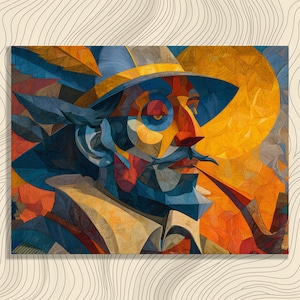 May include: Abstract art print featuring a man with a mustache and pipe, wearing a hat and coat. The artwork uses a vibrant palette of blues, oranges, and yellows, with a textured, geometric style. The background includes a large yellow circle.