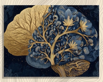 Lienzo decorativo con diseño de neurona cerebral floral: ilustración de anatomía botánica, decoración científica en dorado y azul, arte moderno de oficina académica.