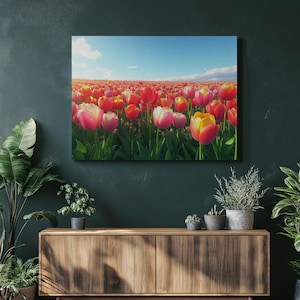 Tulip Fields Canvas Wall Art, Vibrant Floral Landscape, Cheerful Home Decor, Colorful Tulip Blooms, Wall Hanging for Entrance and Livingroom