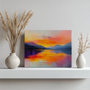 Serene Mountain Lake Sunset Canvas Print - Vibrant Landscape Wall Art Painting Decor, Perfect Gift for Nature Lovers and Home Decor