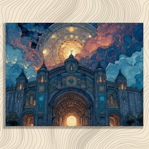Ornate Celestial Cathedral Canvas Wall Art - Gothic Revival Architecture Print Stained Glass Art Vintage Painting Decor Gift Home Decor