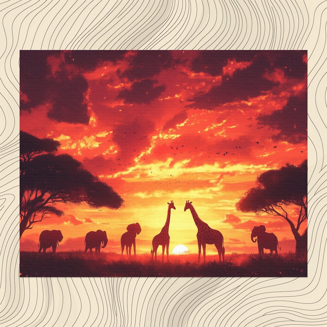 African Savanna Canvas Wall Art, Vibrant Giraffes Elephants Sunset ...