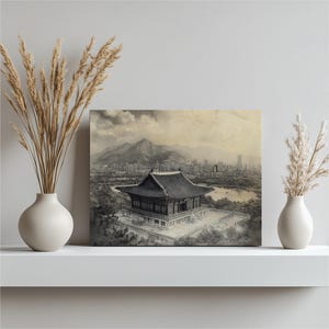 South Korea Seoul City Skyline Canvas Wall Art, Traditional Korean Architecture Mountain View Landscape Decor for Home and Office